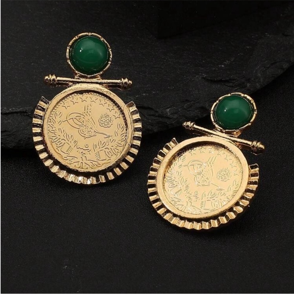 Vintage Gold Medallion Earrings with Emerald Accent